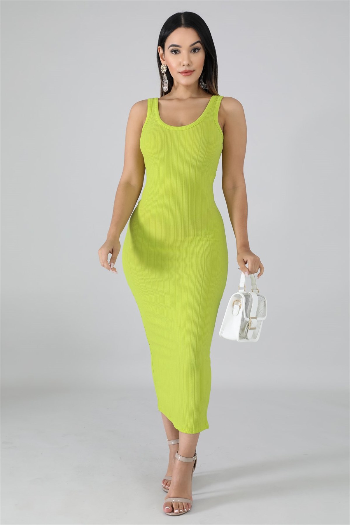 ESNEK DALGIÇ KUMAŞ KOLSUZ NEON YEŞİL GÜNLÜK ELBİSE NEON GREY DAY DRESS DNM-528-neonyeşil