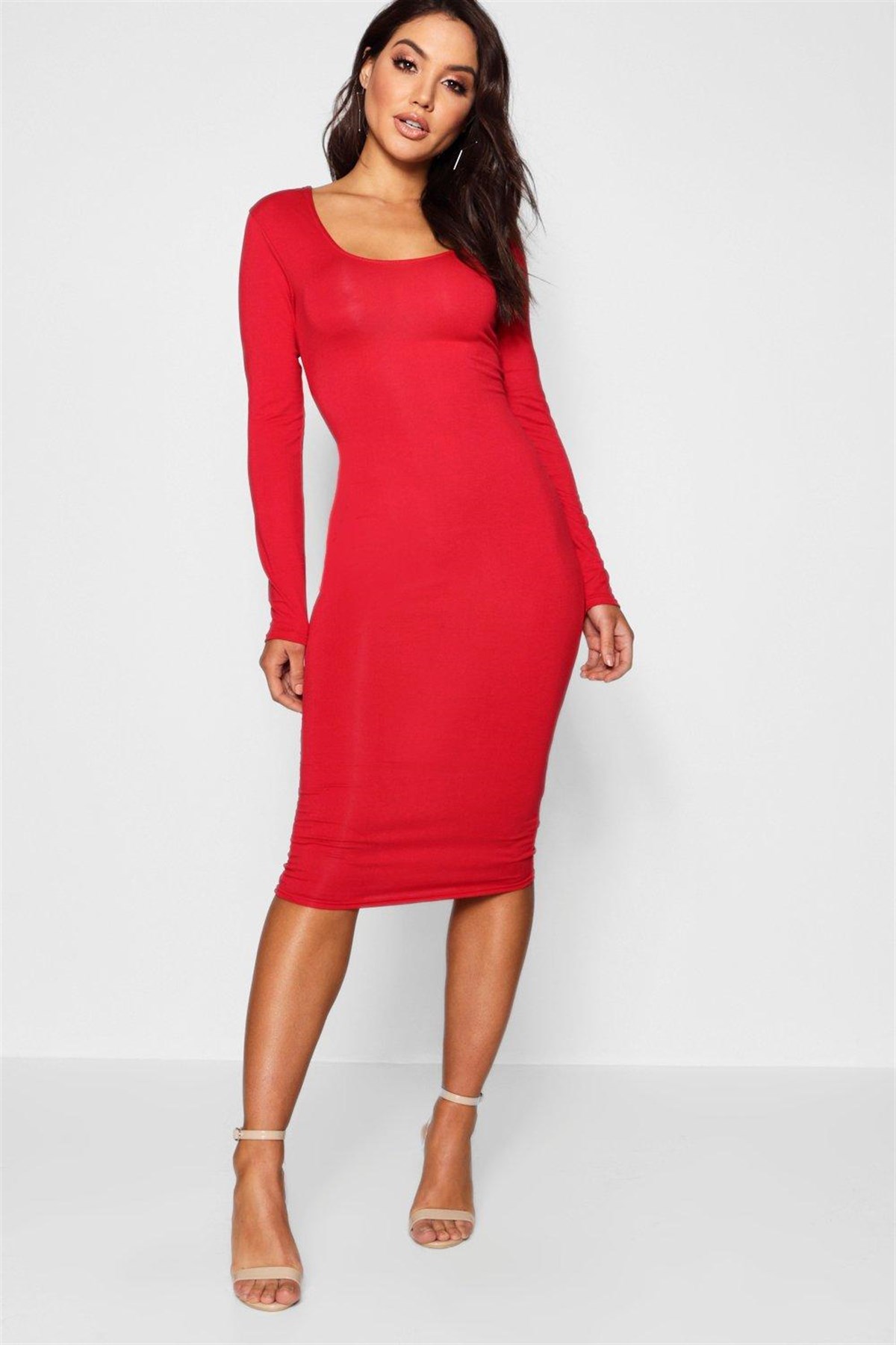 ESNEK DALGIÇ KUMAŞ UZUN KOLLU KIRMIZI KALEM ELBİSE RED DRESS DNM-471-2