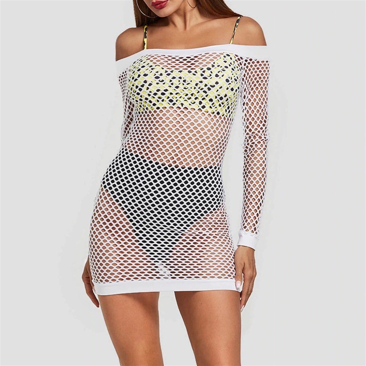 ESNEK FİLE KUMAŞ LİKRALI BEYAZ PLAJ ELBİSESİ BEYAZ FİLE ELBİSE FESTİVAL ELBİSESİ BURNINGMAN DRESS BEACHWEAR CLUBWEAR DNM-516-1