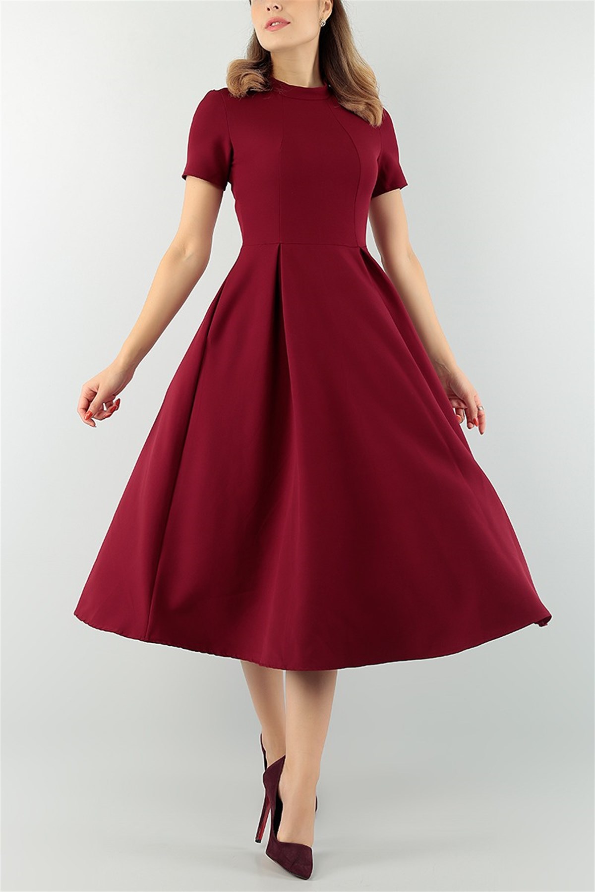 ESNEK KREP KUMAŞ MİDİ BOY CEP DETAYLI KISA KOLLU BORDO ELBİSE MIDI DRESS EMR-114-BORDO