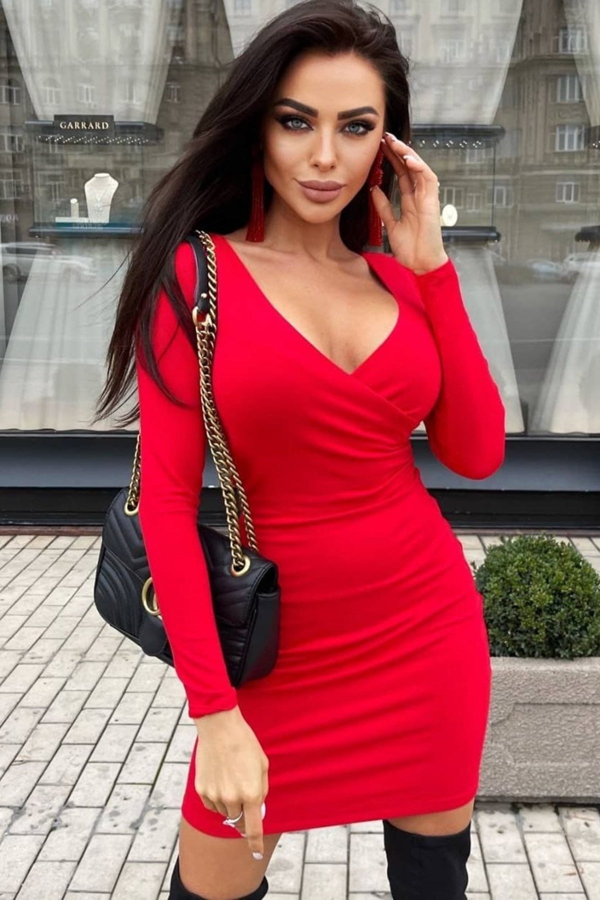 ESNEK KREP KUMAŞ UZUN KOLLU KURUVAZE YAKA KIRMIZI MİNİ ELBİSE LONG SLEEVE RED MINI DRESS EMR-108-KIRMIZI