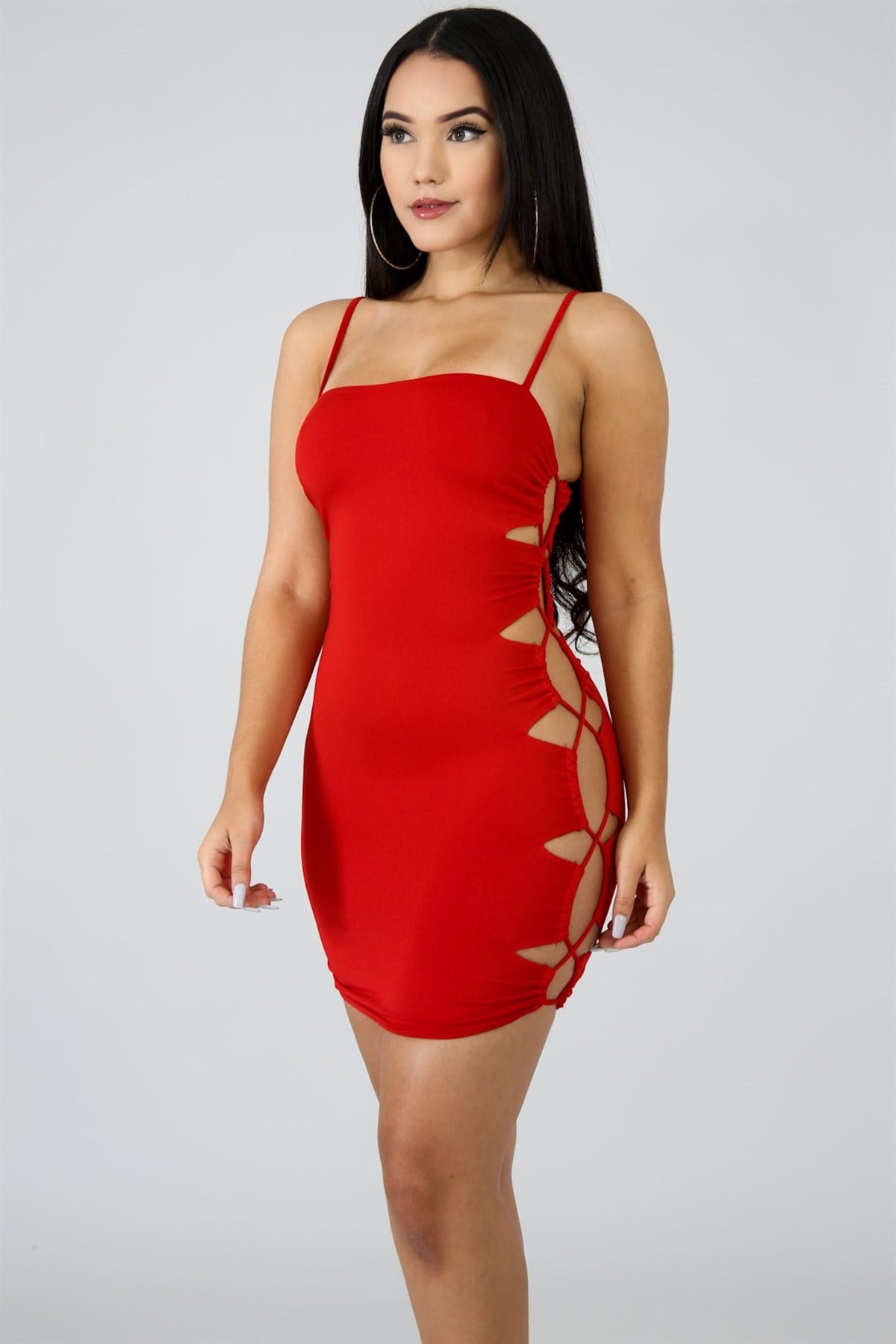 ESNEK SANDY KUMAŞ BAĞCIK DETAYLI KIRMIZI MİNİ ELBİSE CLUBWEAR DNM-438-3