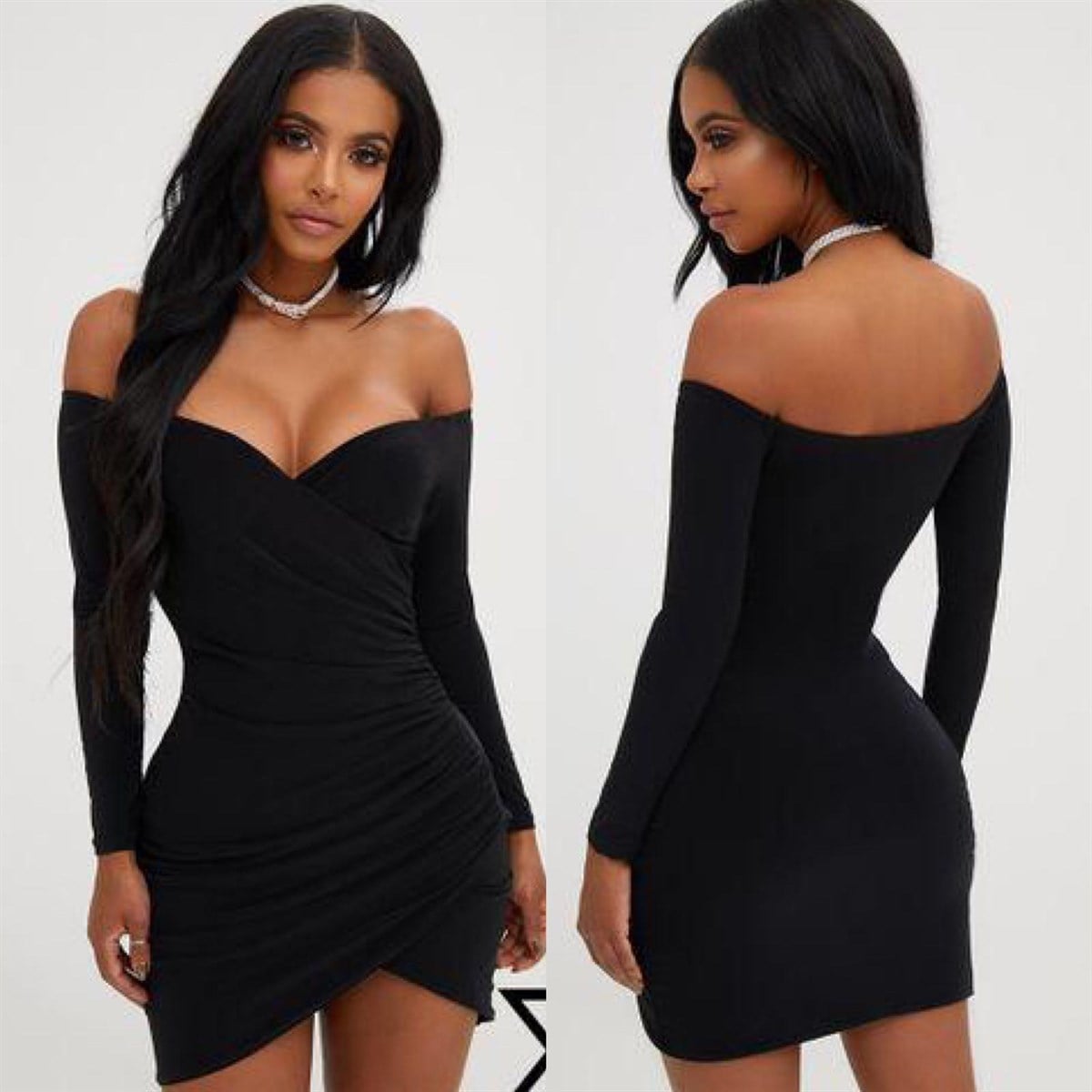 ESNEK SANDY KUMAŞ GÖĞÜS DEKOLTELİ KRUVAZE DETAYLI UZUN KOLLU SİYAH MİNİ GECE ELBİSESİ BLACK MINI DRESS LP-210