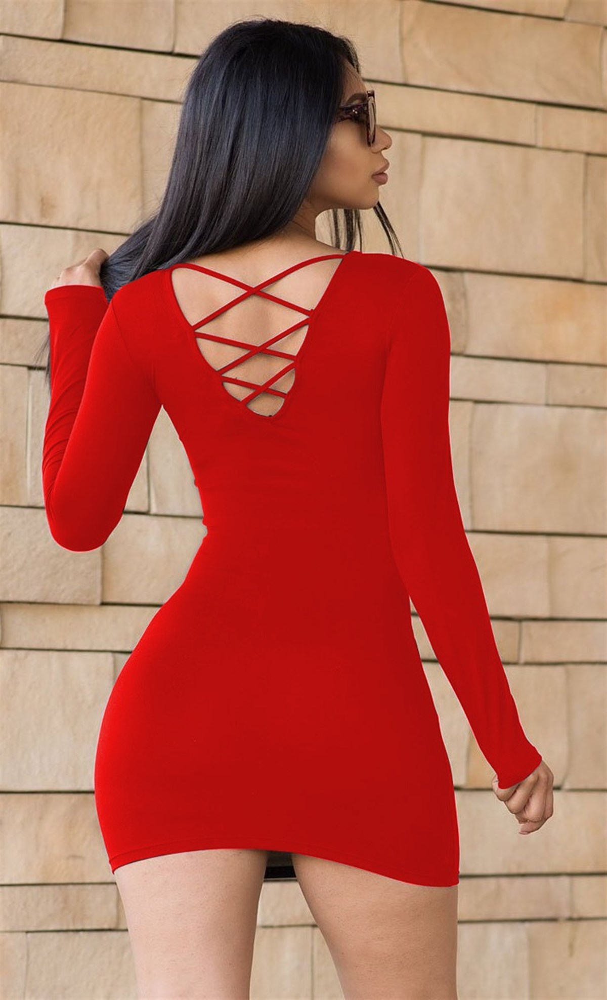 ESNEK SANDY KUMAŞ SIRT DEKOLTELİ KIRMIZI UZUN KOLLU MİNİ ELBİSE RED MINI DRESS DNM-500-1