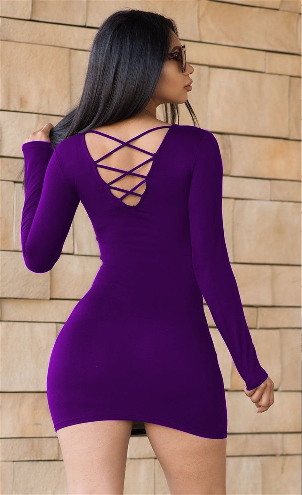 ESNEK SANDY KUMAŞ SIRT DEKOLTELİ UZUN KOLLU MOR MİNİ ELBİSE PURPLE MINI DRESS DNM-500-6