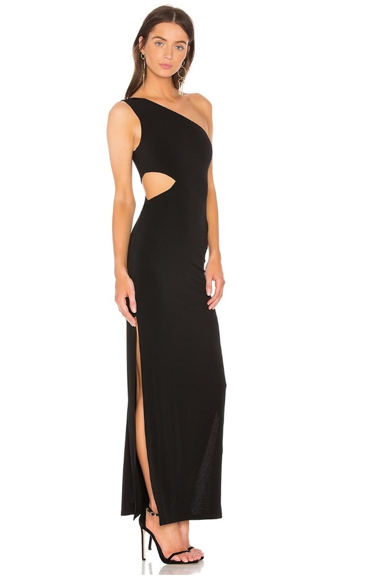 ESNEK SANDY KUMAŞ TEK OMUZ DETAYLI YANI AÇIK YIRTMAÇ DETAYLI SİYAH GECE ELBİSESİ KOKTEYL ELBİSESİ BLACK LONG DRESS CLUBWEAR DNM-485-1
