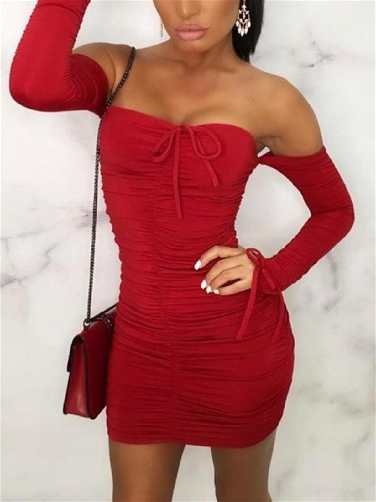 ESNEK SANDY KUMAŞ UZUN KOLLU STRAPLEZ KIRMIZI MİNİ GECE ELBESİ KIRMIZI MİNİ ELBİSE RED MINI DRESS LP-189-3