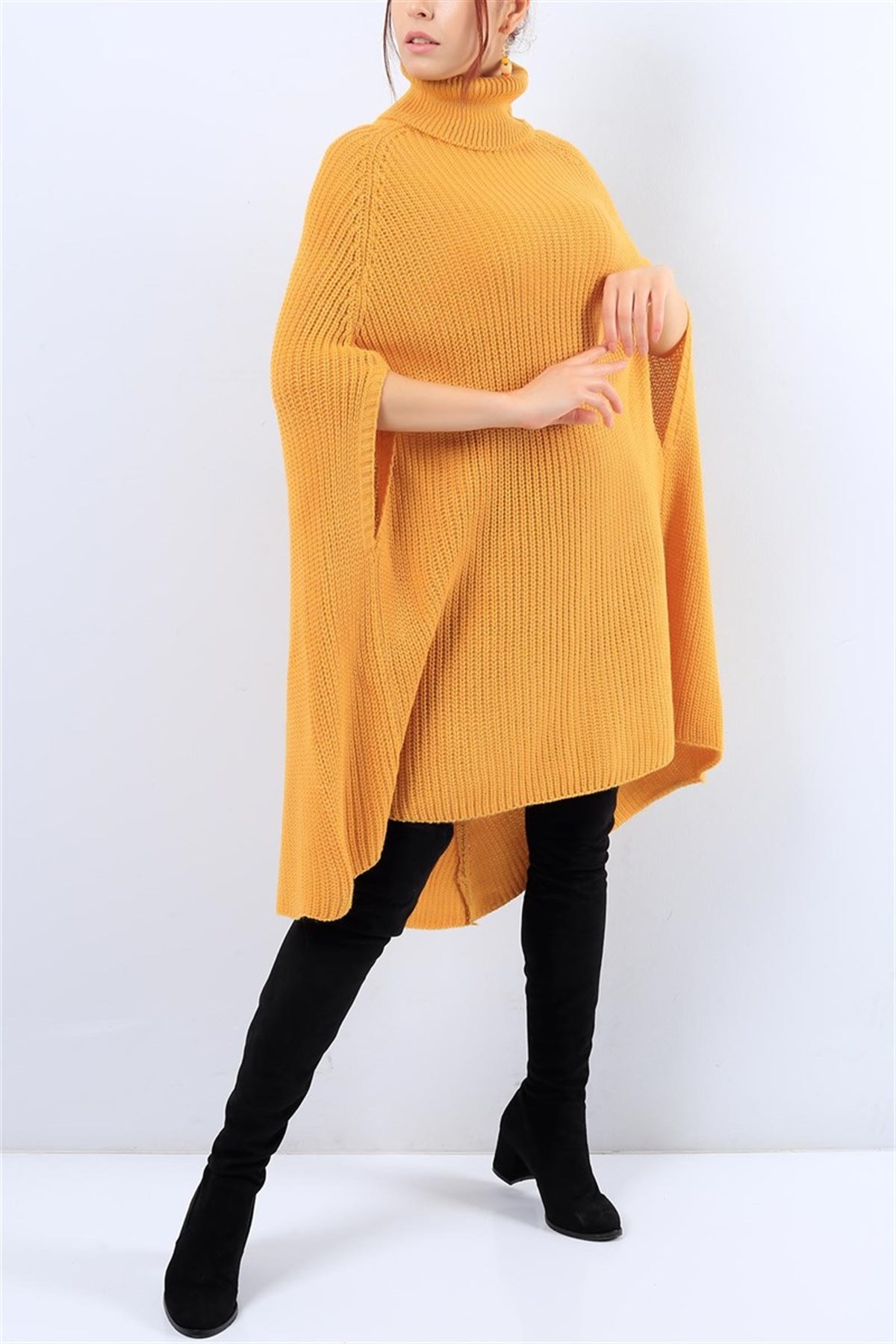 ESNEK TRİKO KUMAŞ TEK PARÇA SARI PANÇO GÜNLÜK SELANİK ÖRGÜ HARDAL PANÇO MD-20431B