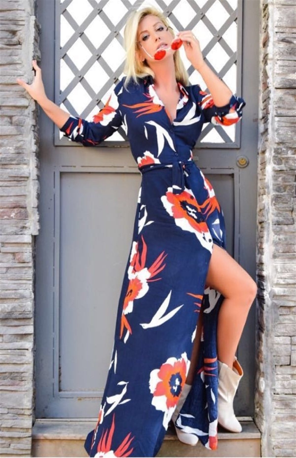 ESNEK VİSKON KUMAŞ ÇİÇEK DESENLİ UZUN GÖMLEK ELBİSE NEW ARRIVAL DAILY DRESS FM-029