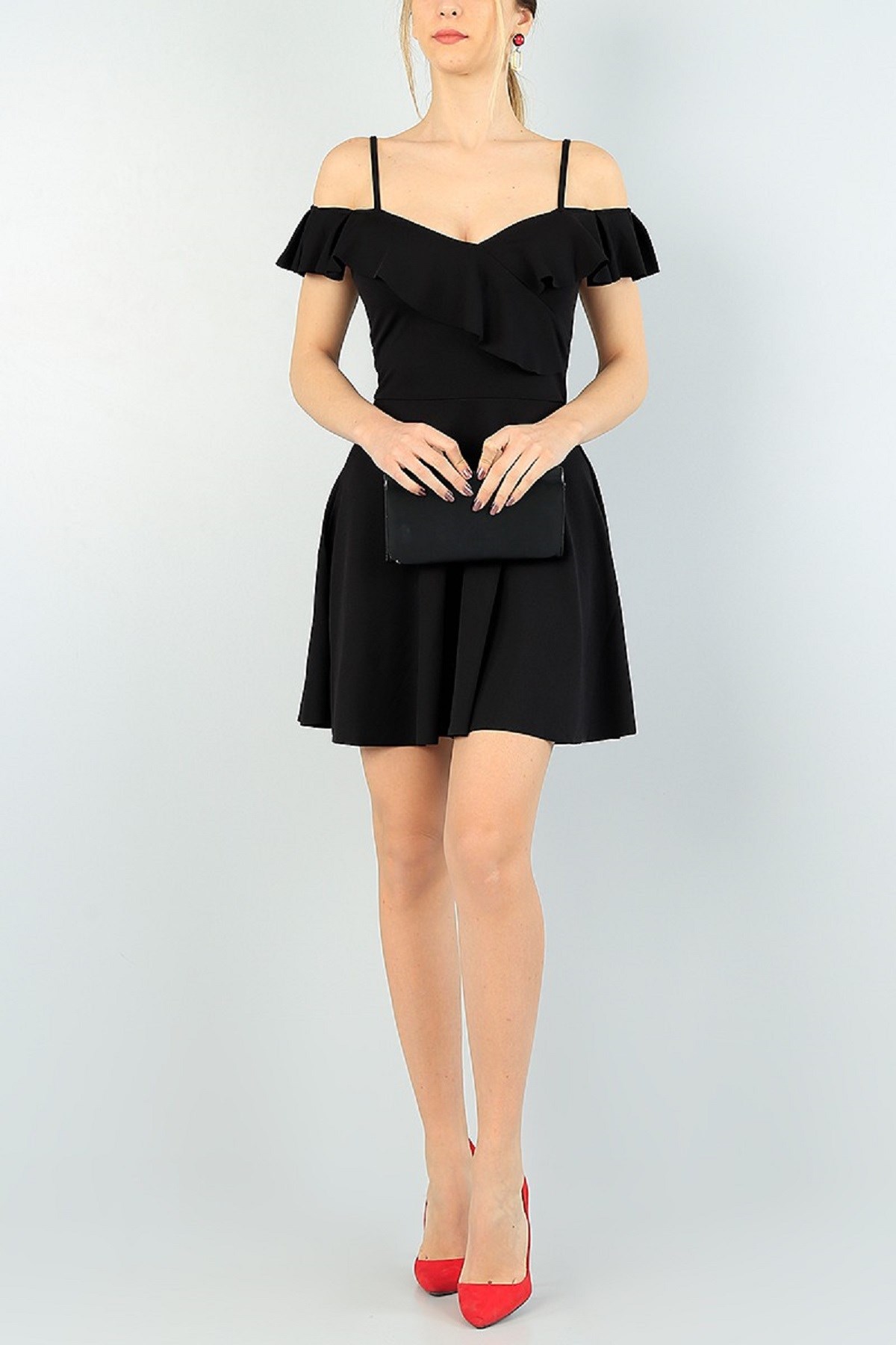 GÖĞÜSÜ VOLAN DETAYLI V YAKA KOLSUZ SİYAH MİNİ ELBİSE SİYAH MİNİ ABİYE ELBİSE SİYAH GECE ELBİSESİ BLACK MINI DRESS BLACK PARTY DRESS BLACK CLUBWEAR emr-077-SİYAH