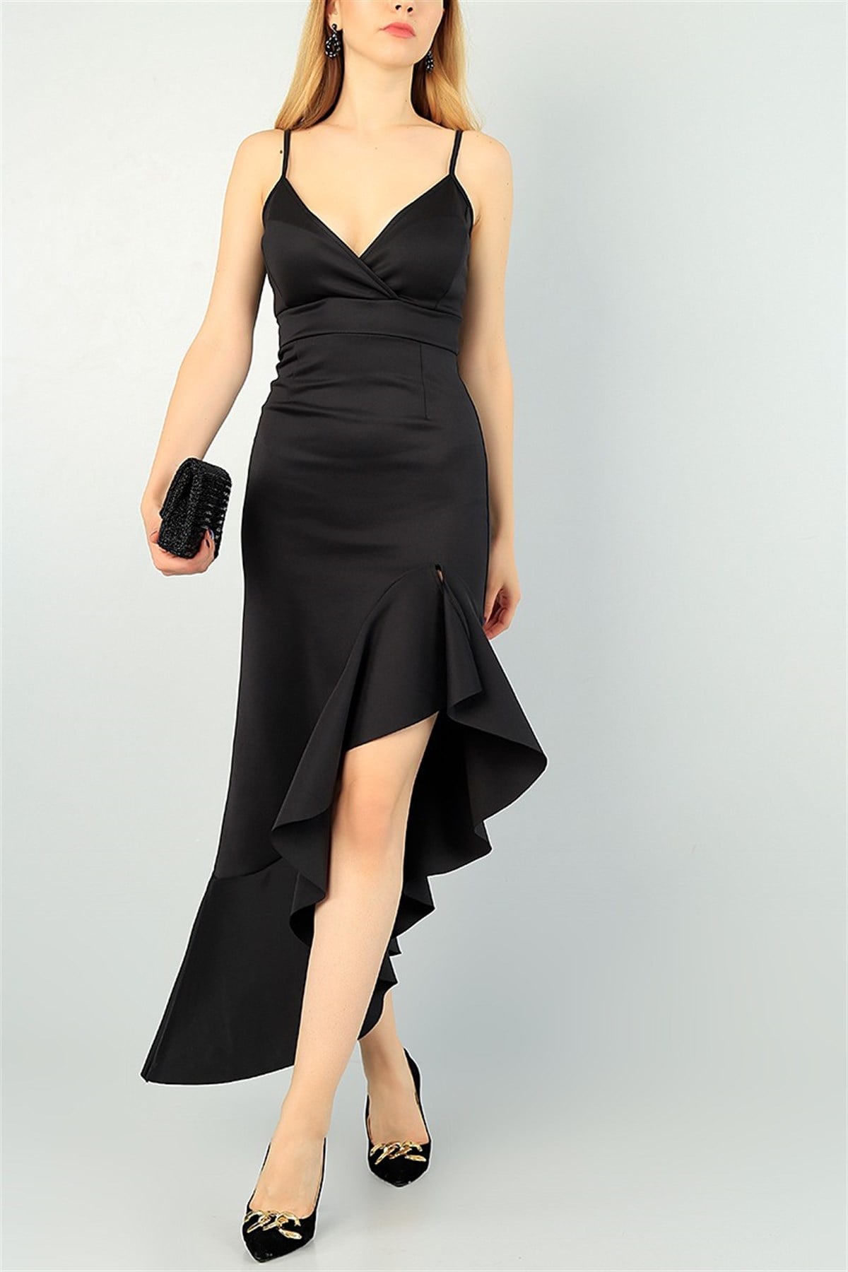 İNCE ASKILI YIRTMAÇ DETAYLI SİYAH ABİYE ELBİSE NİŞAN ELBİSESİ MEZUNİYET ELBİSESİ BLACK PROM DRESS emr-090-SİYAH
