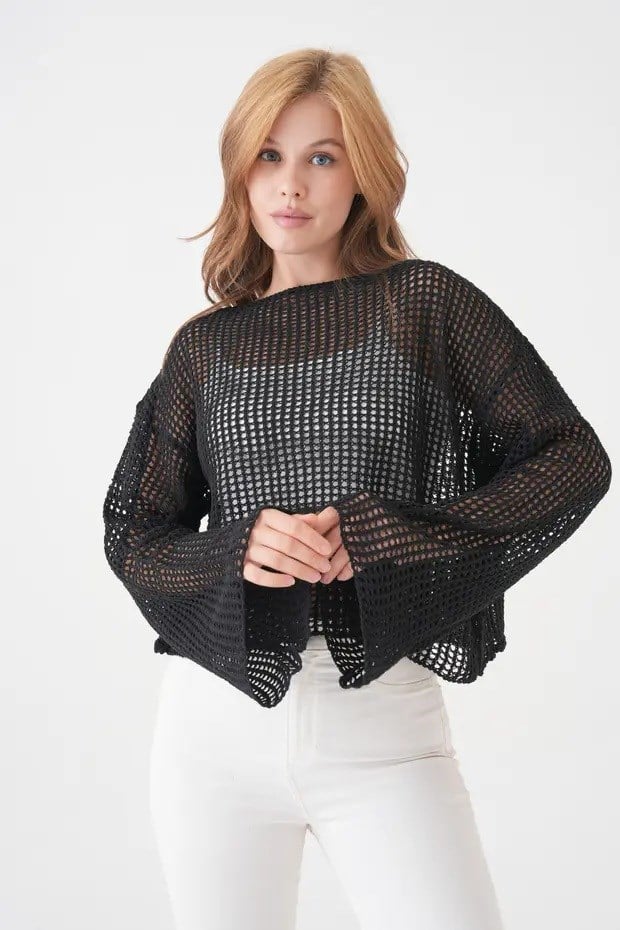 Kadın Örgü Desenli Uzun Kollu Siyah Triko Crop Bluz 3200