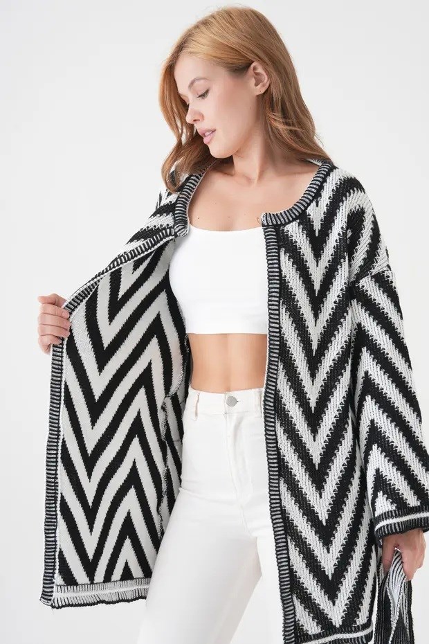 Kadın Triko Kumaş Zigzag Desenli Kuşaklı Tasarım Siyah Beyaz Triko Hırka 3201