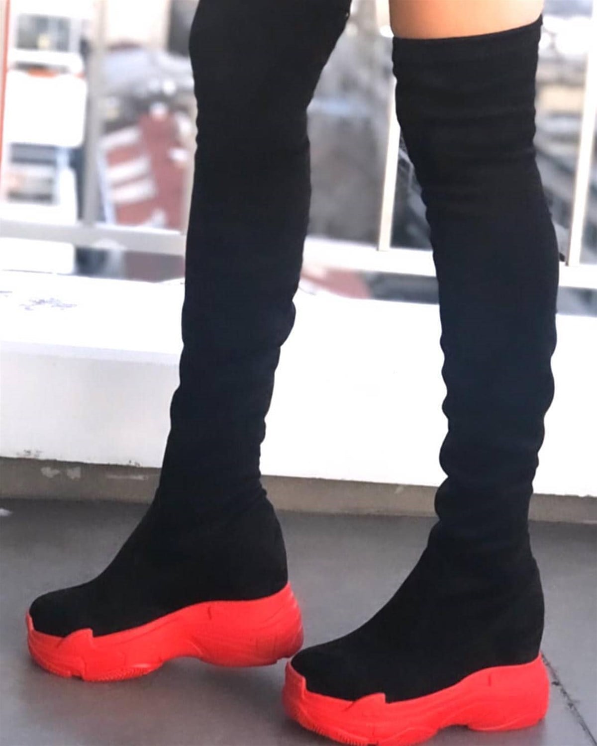 KIRMIZI YÜKSEK TABANLI ESNEK SPOR ÇİZME BAYAN AYAKKABI HIGH HEELS BLACK WOMAN SHOES FT-003