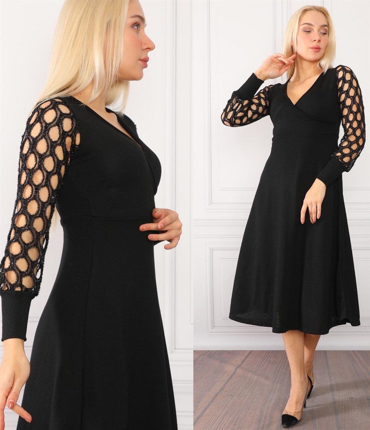 KOL DETAYLI GÖĞÜS DEKOLTELİ KRUVAZE YAKA UZUN KOLLU SİYAH ELBİSE BLACK DRESS KİKİ-020