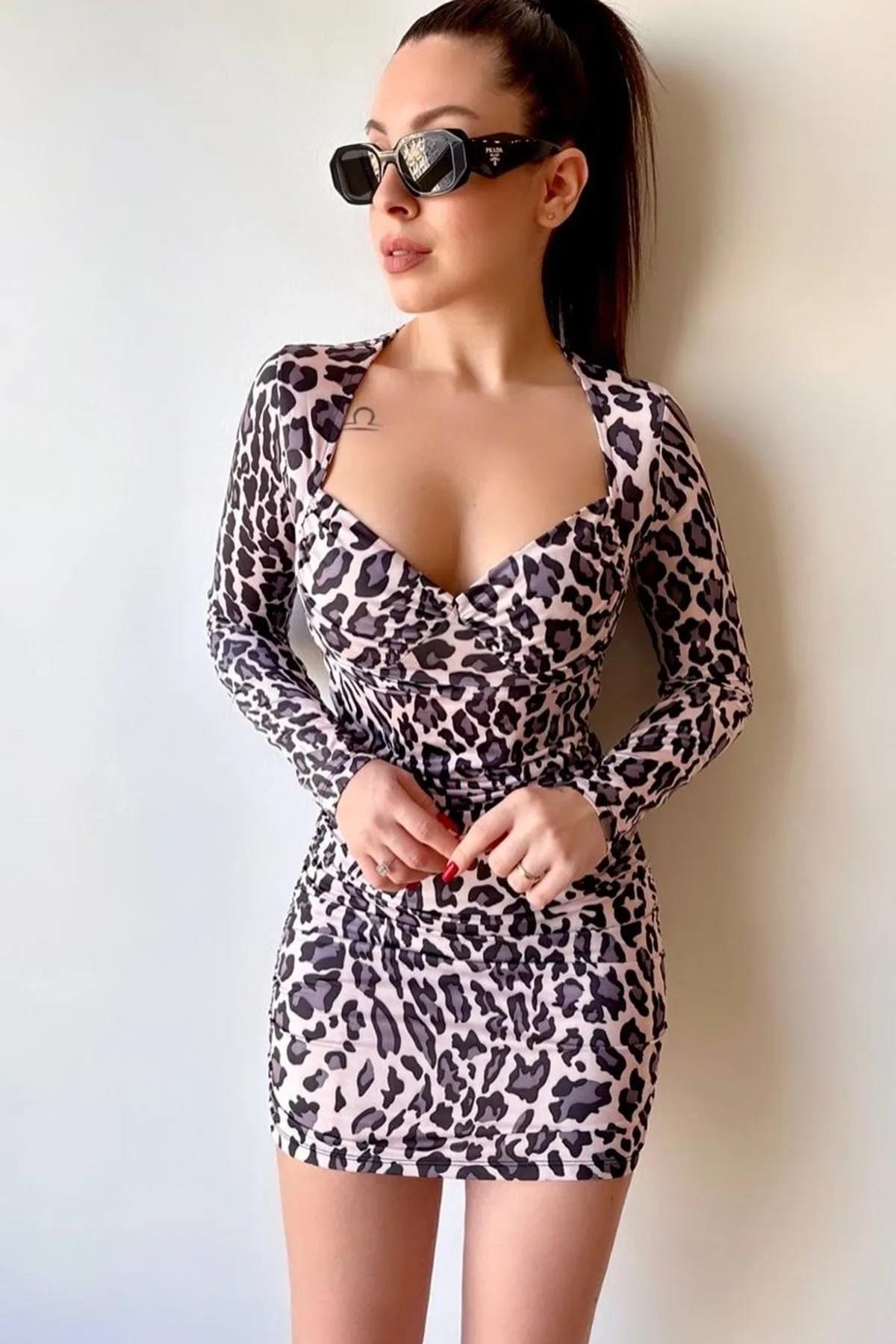 Leopar Desenli Esnek Micro Kumaş  Degaje Yaka Uzun Kollu Mini Abiye Elbise 060-1