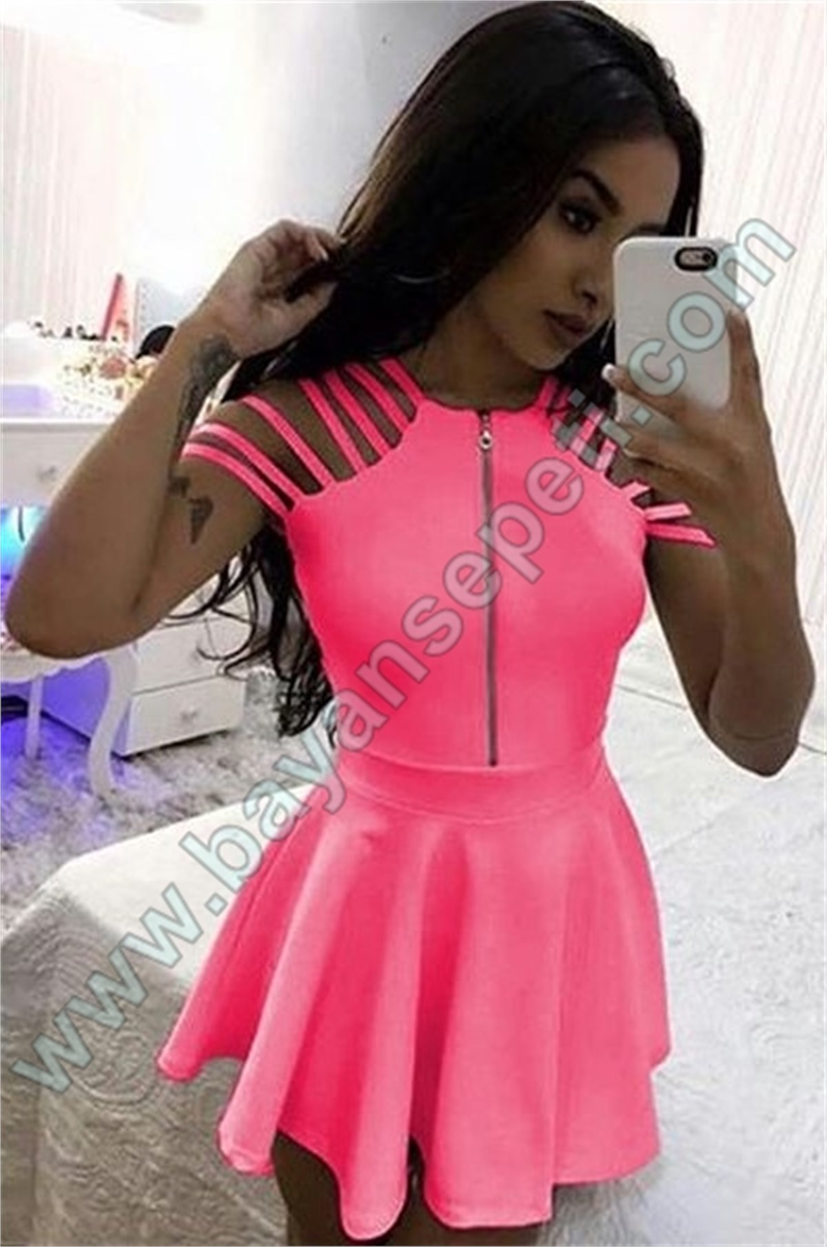 NEON PEMBE ESNEK DALGIÇ KUMAŞ DEKOLTELİ MİNİ ELBİSE DNM-306-11