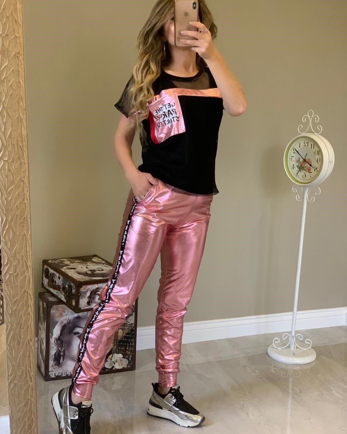 PEMBE LAME KUMAŞ FİLE DETAYLI ÜST VE EŞOFMAN ALT TAKIM WOMAN SPORTSWEAR SET CHP-215-1