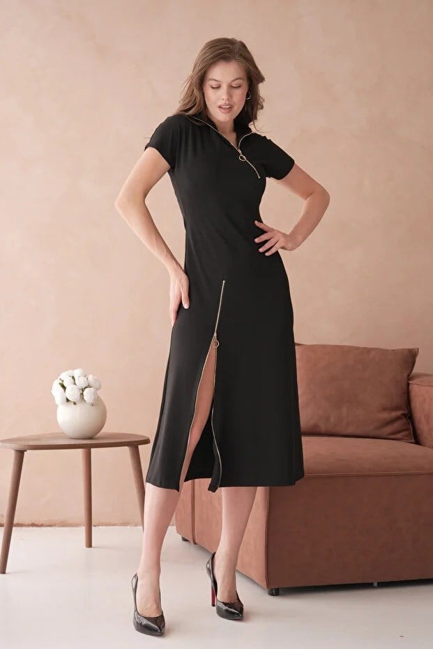 Siyah Esnek Dalgıç Kumaş Fermuarlı Tasarım Kısa Kollu Siyah Midi Elbise 2175