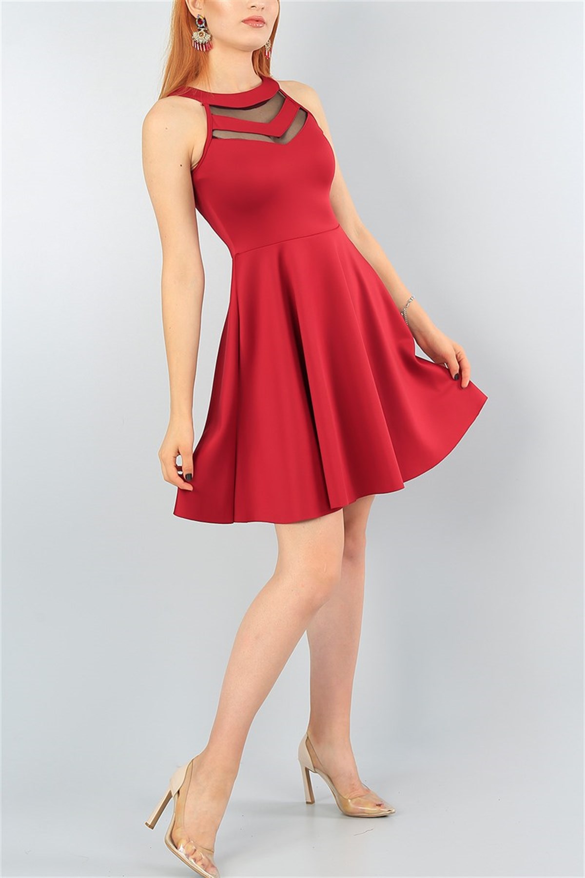 TRANSPARAN DETAYLI ESNEK SCUBA KUMAŞ KOLSUZ BORDO MİNİ ABİYE ELBİSE BORDO MİNİ ELBİSE SLEVELESS DARK RED MINI DRESS GOS-2222