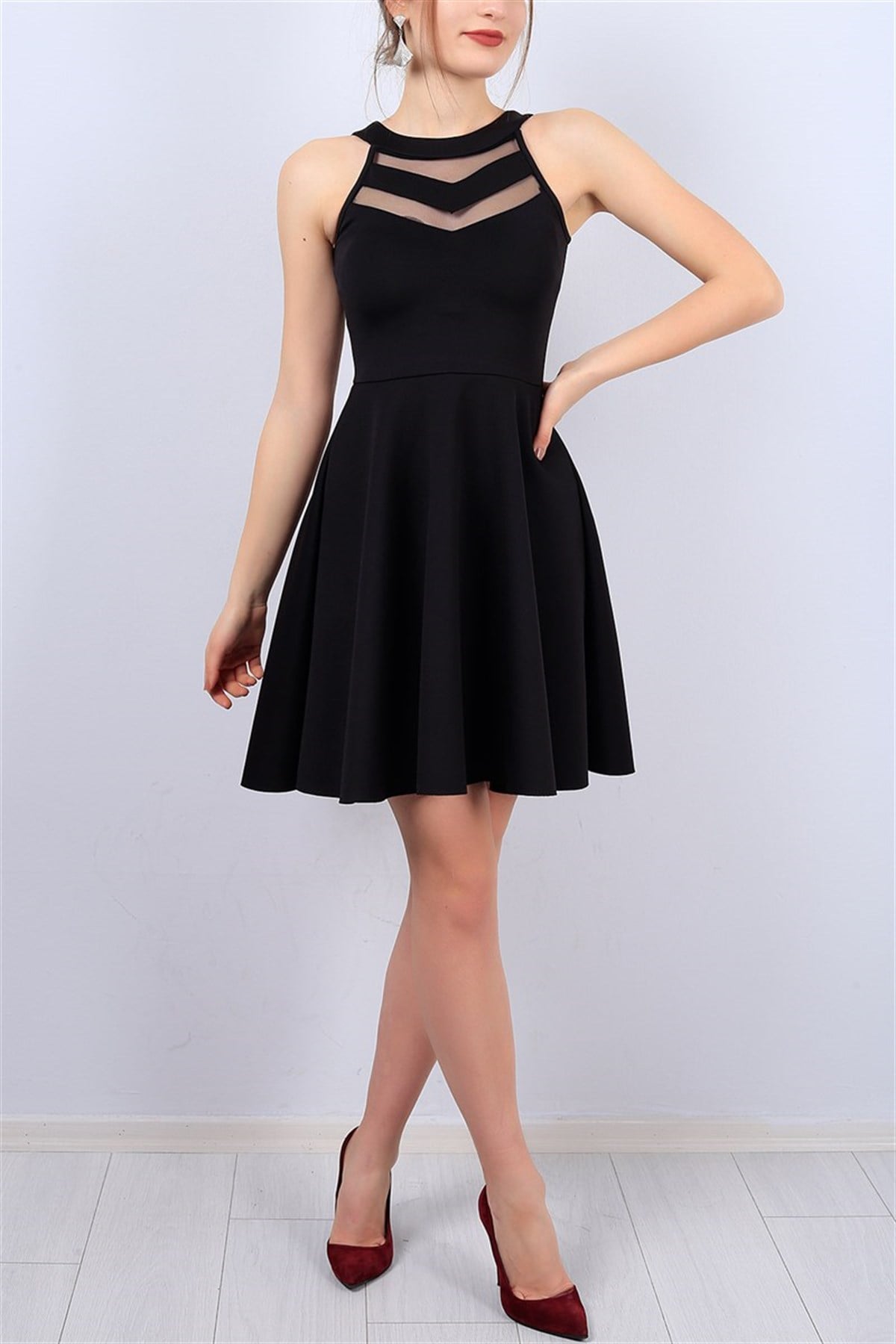TRANSPARAN DETAYLI ESNEK SCUBA KUMAŞ KOLSUZ SİYAH MİNİ ABİYE ELBİSE SİYAH MİNİ ELBİSE SLEVELESS BLACK MINI DRESS GOS-2222