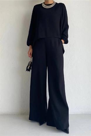 Kadın Krep Kumaş Yuvarlak Yaka Siyah Üst ve Cepli İspanyol Paça Pantolon İkili Takım 52199