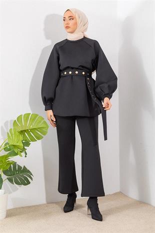 Kadın Siyah Esnek Dalgıç Kumaş Kuşaklı Uzun Kollu Bluz ve İspanyol Paça Tayt İkili Takım 52202