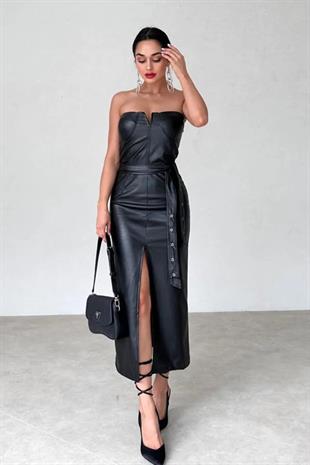 Kadın Siyah Suni Deri Kumaş Kuşak ve Yırtmaç Detaylı Şık Tasarım Midi Straplez Elbise 072