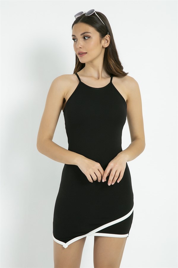 Beyaz Şerİt Detayli Esnek KumaŞ Askili Sİyah Mİnİ Elbİse Sİyah Elbİse Sleveless Black Mini Dress