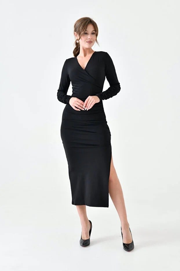  Kadın Siyah Micro Kumaş Drape Detaylı Uzun Kollu V Yaka Elbise 6031