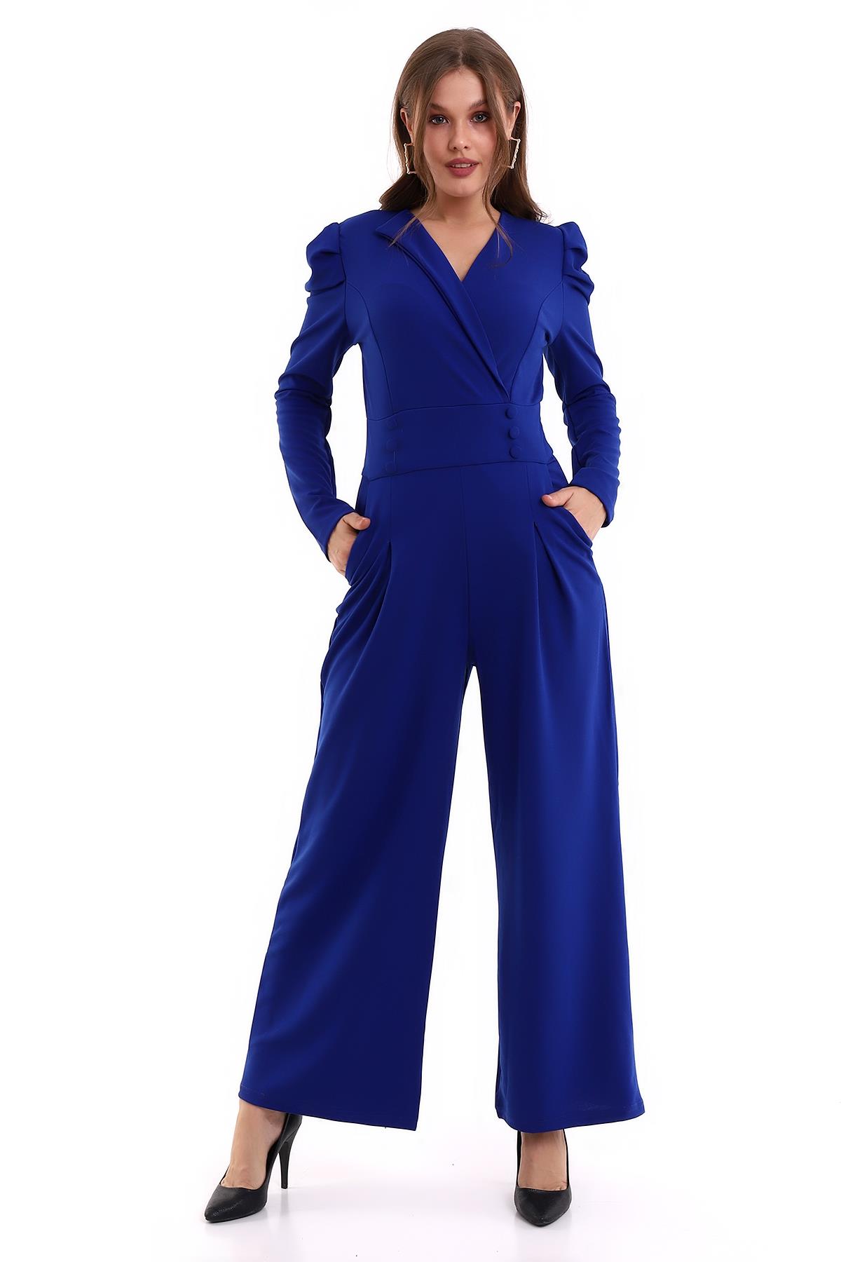  Krep Kumaş Düğme Detay Geniş Paça Uzun Kollu Mavi Abiye Tulum Blue Bodysuit 029