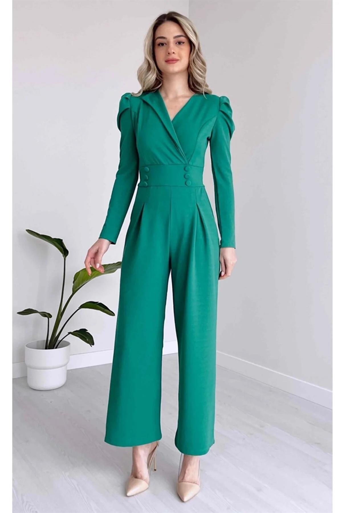  Krep Kumaş Düğme Detaylı Geniş Paça Uzun Kollu Yeşil Tulum Green Bodysuit 029