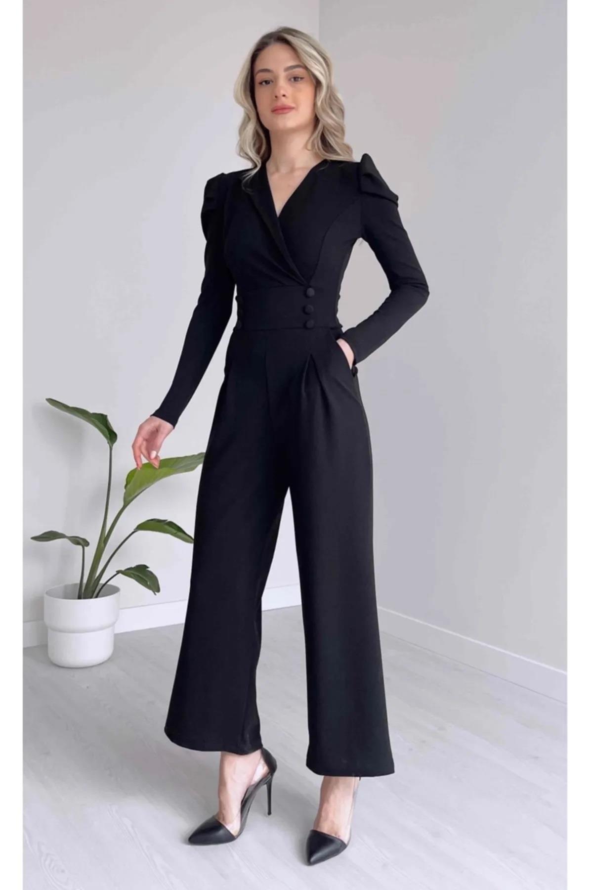  Krep Kumaş Düğme Detaylı Geniş Paça Uzun Kollu Siyah Tulum Black Bodysuit 029