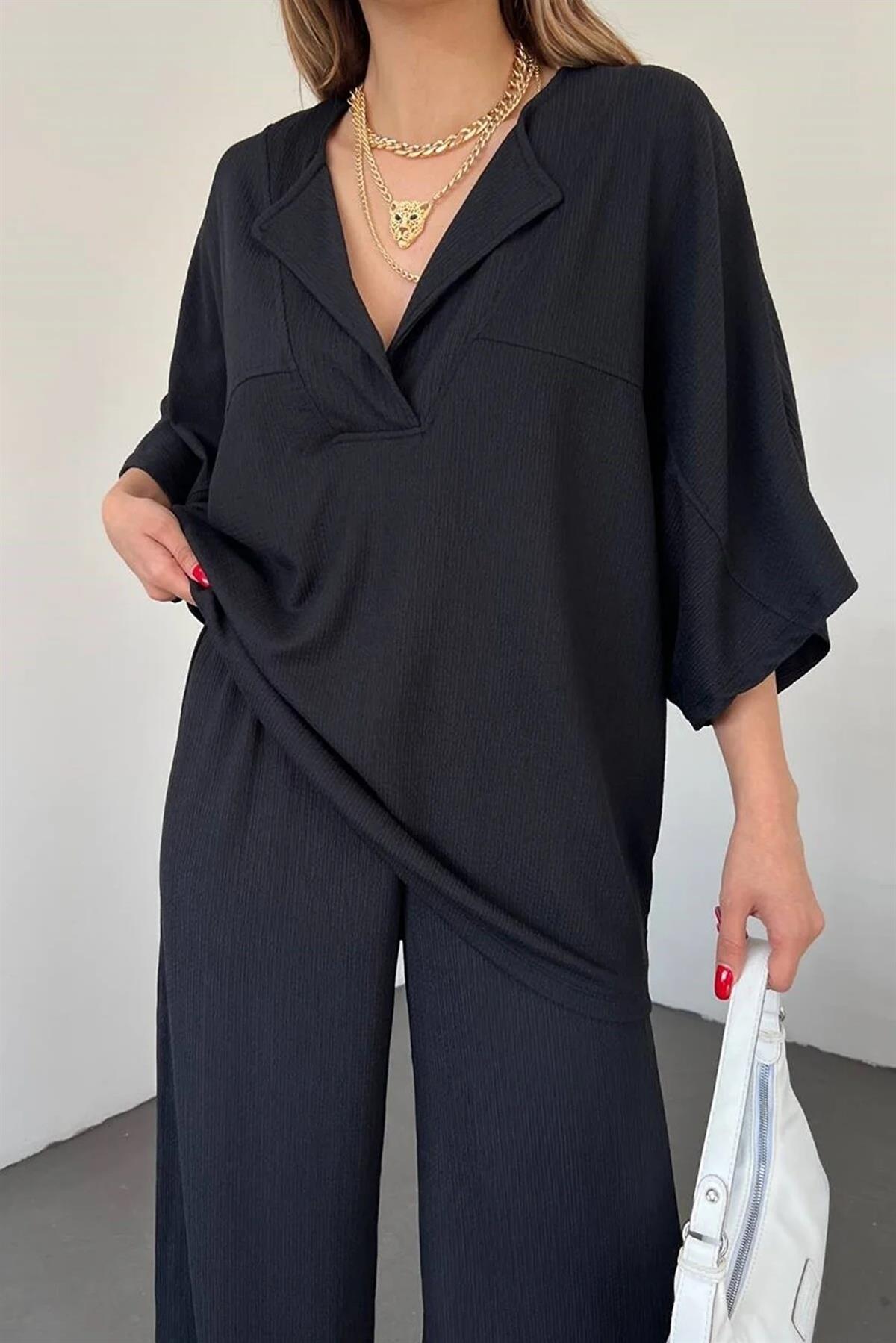  Siyah Gofre Kumaş Yarasa Kol Tasarım V Yaka Bluz ve Pantolon Oversize İkili Takım 9581
