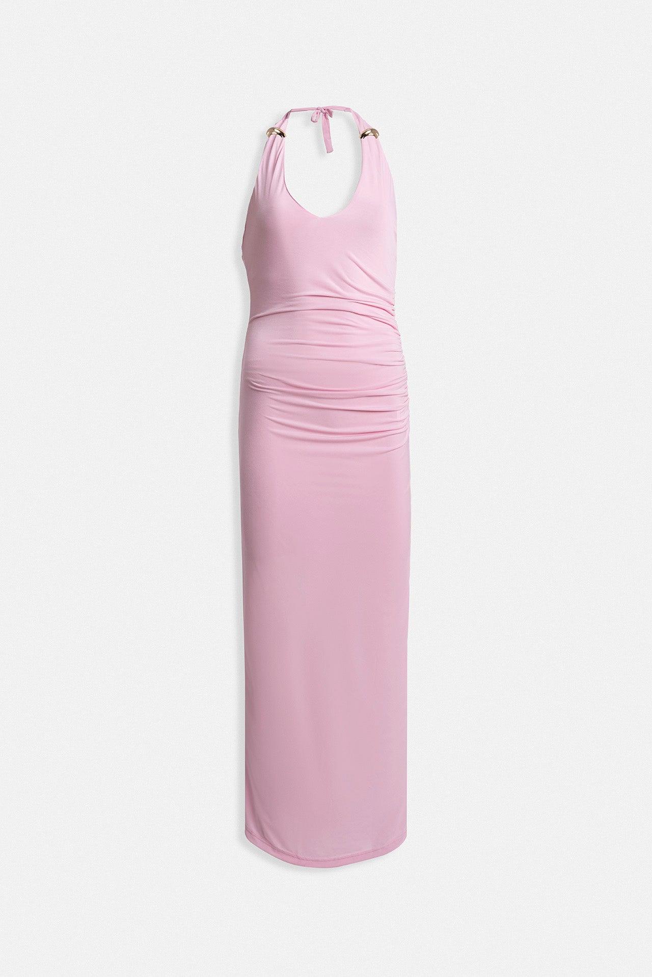 Aksesuar Detay Maxi Pembe Elbise