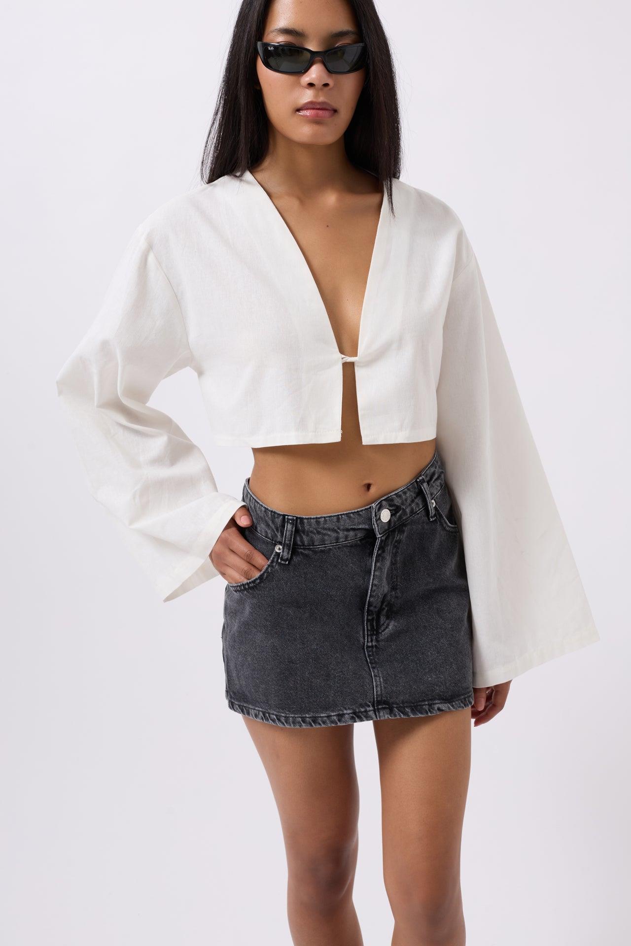 Asimetrik Bel Denim Mini Siyah Etek