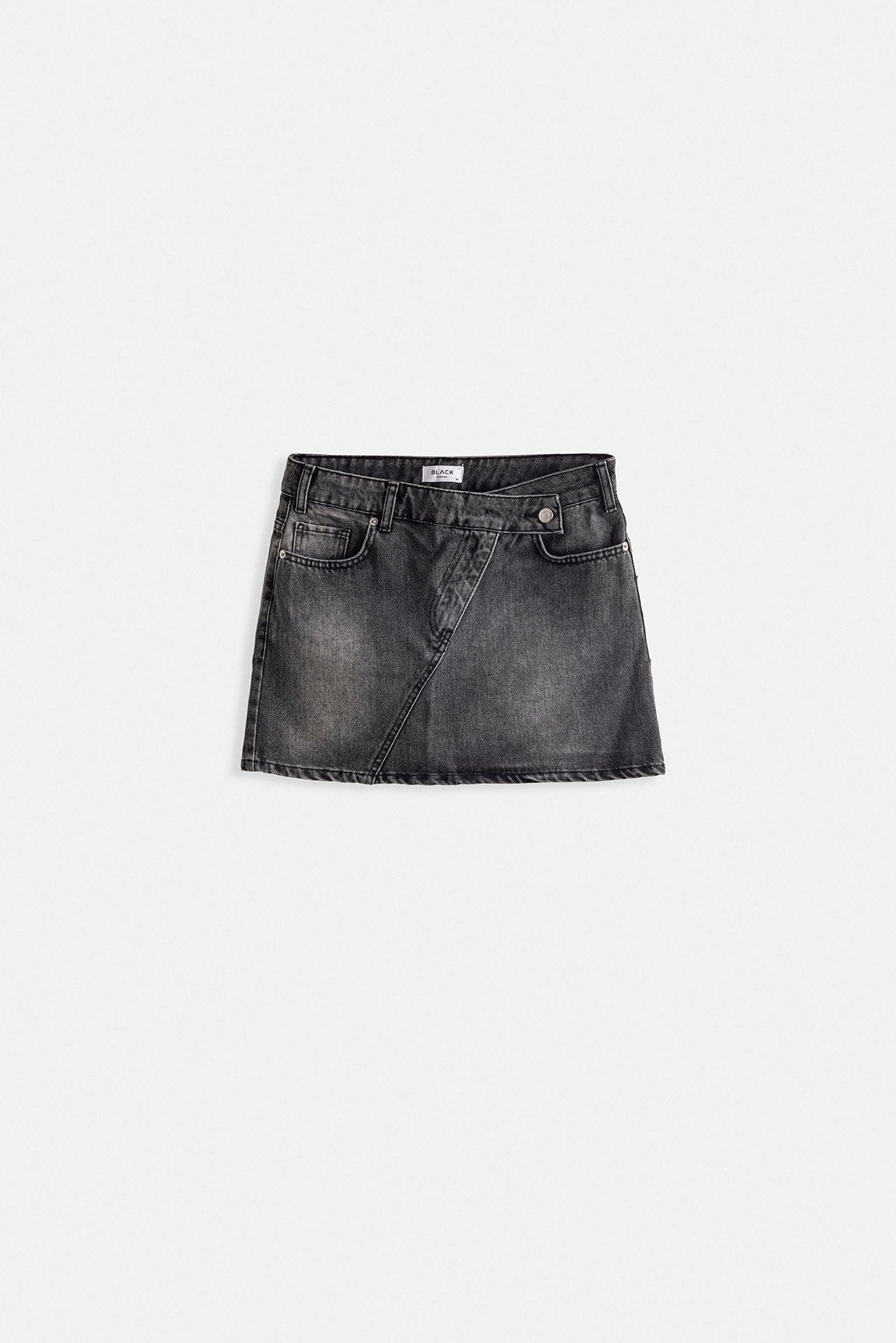 Asimetrik Kemer Denim Mini Siyah Etek