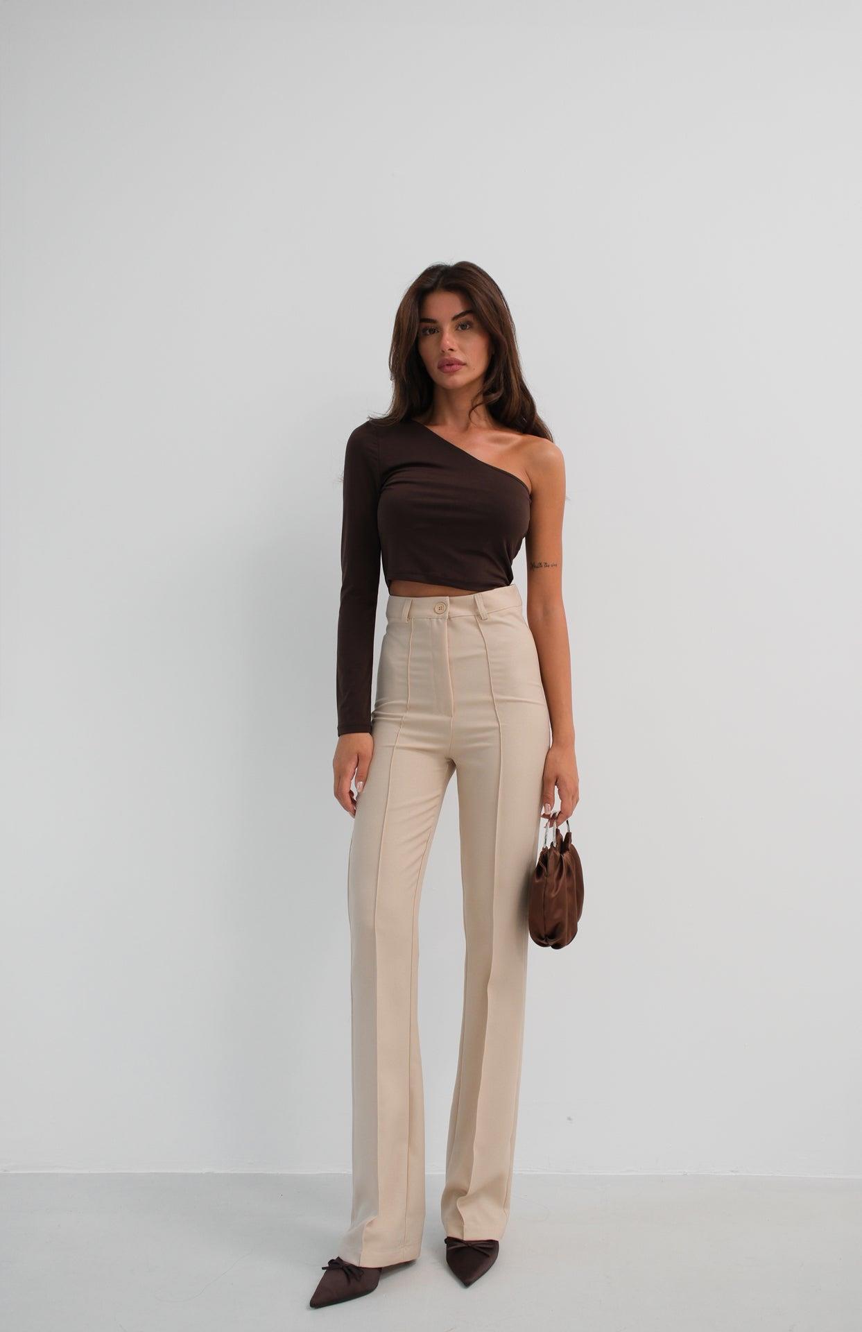 Asimetrik Tek Omuz Kahverengi Crop Top