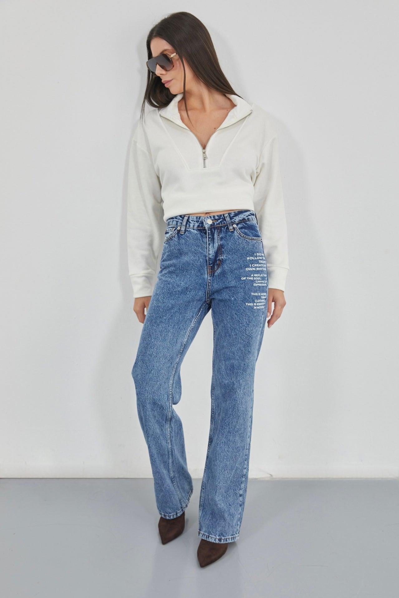 Baskılı Düşük Bel Mavi Jean