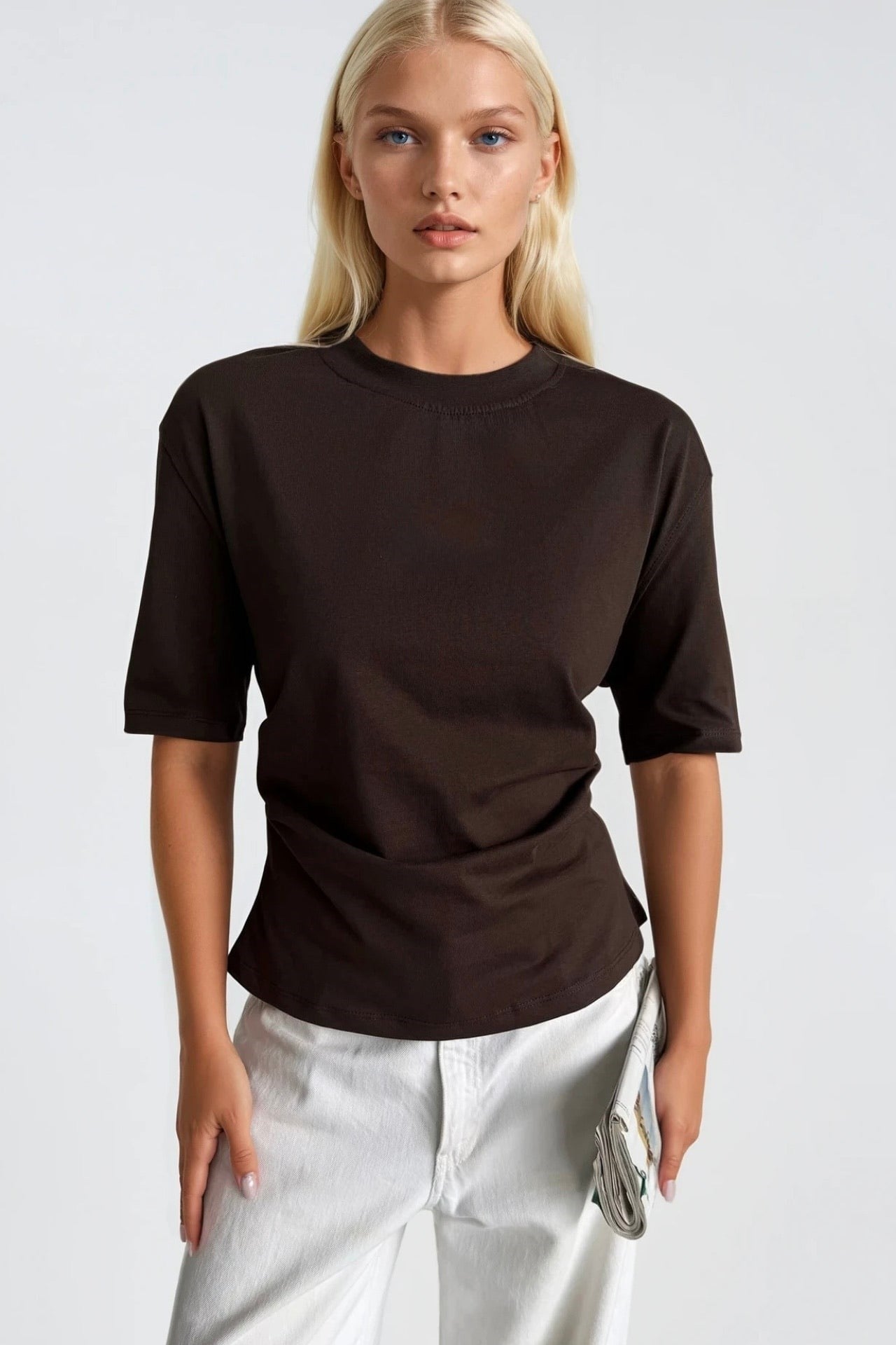 Bel Büzgülü Basic Kahverengi T-Shirt