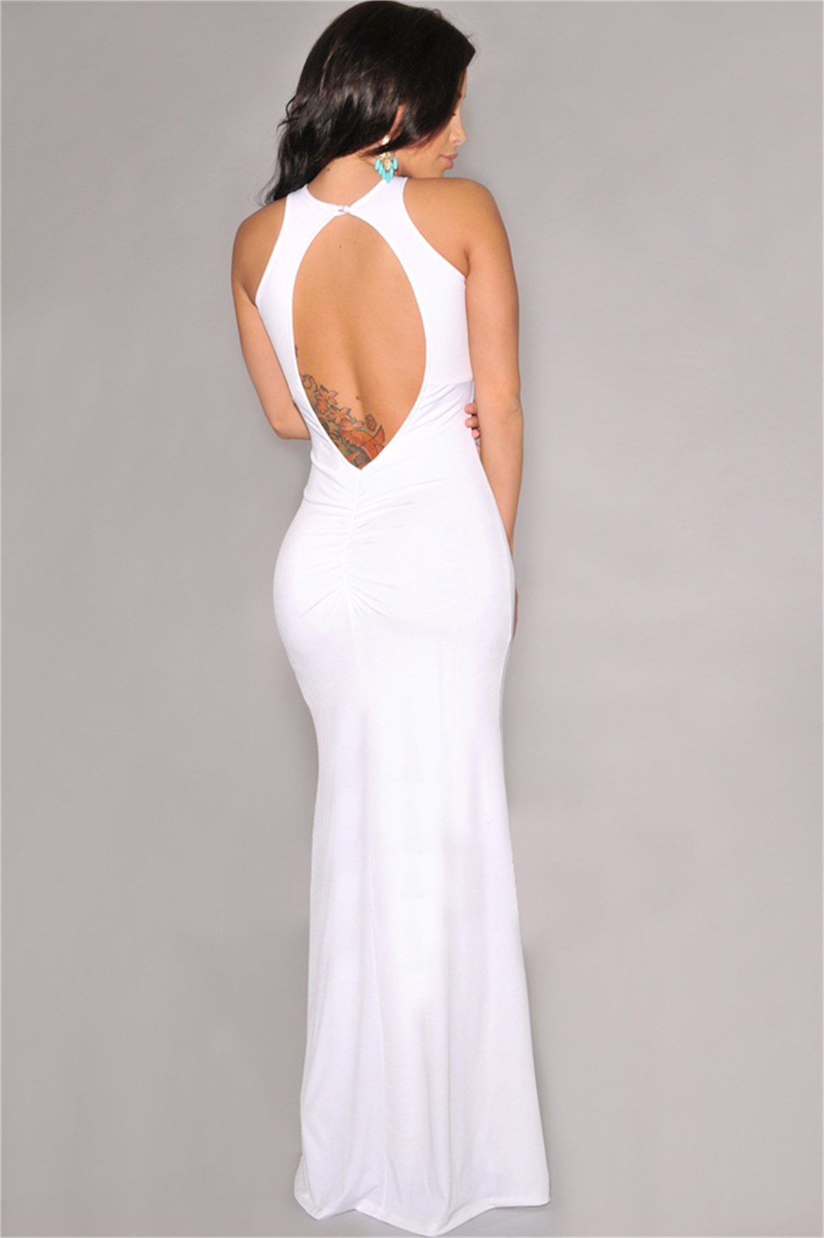 BEYAZ DALGIÇ KUMAŞ SIRT DEKOLTELİ ABİYE ELBİSE DNM-014