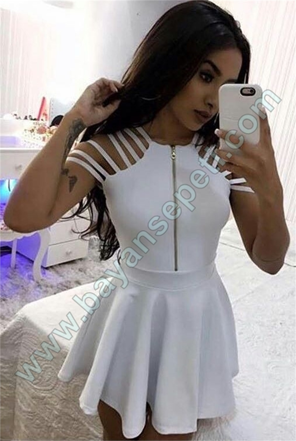 BEYAZ ESNEK DALGIÇ KUMAŞ DEKOLTELİ MİNİ ELBİSE DNM-306-2