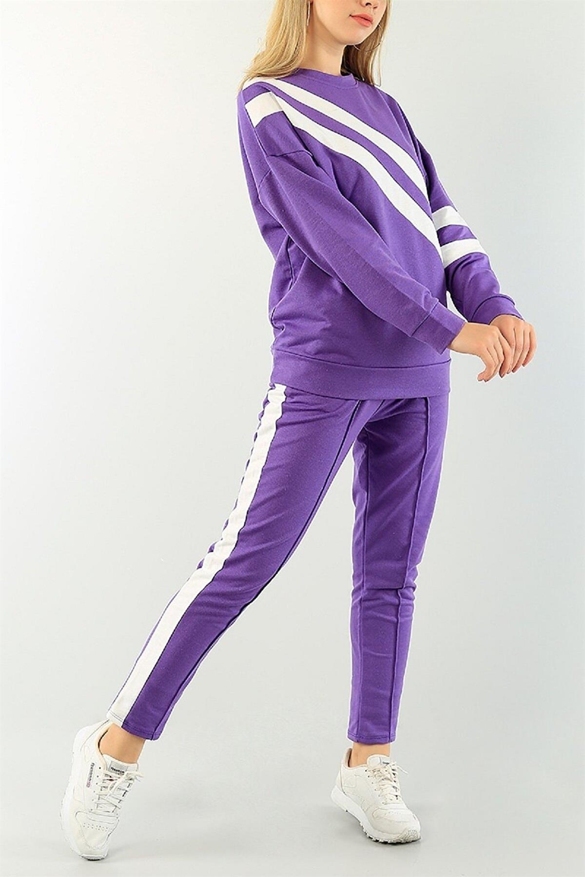 Beyaz Şerit Detaylı Uzun Kollu Sweatshirt ve Cep Detaylı Eşofman Mor İkili Takım 077
