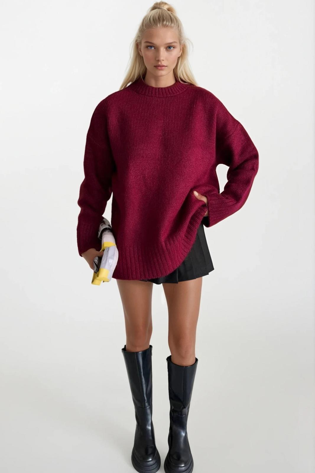 Bisiklet Yaka Basic Triko Bordo Kazak