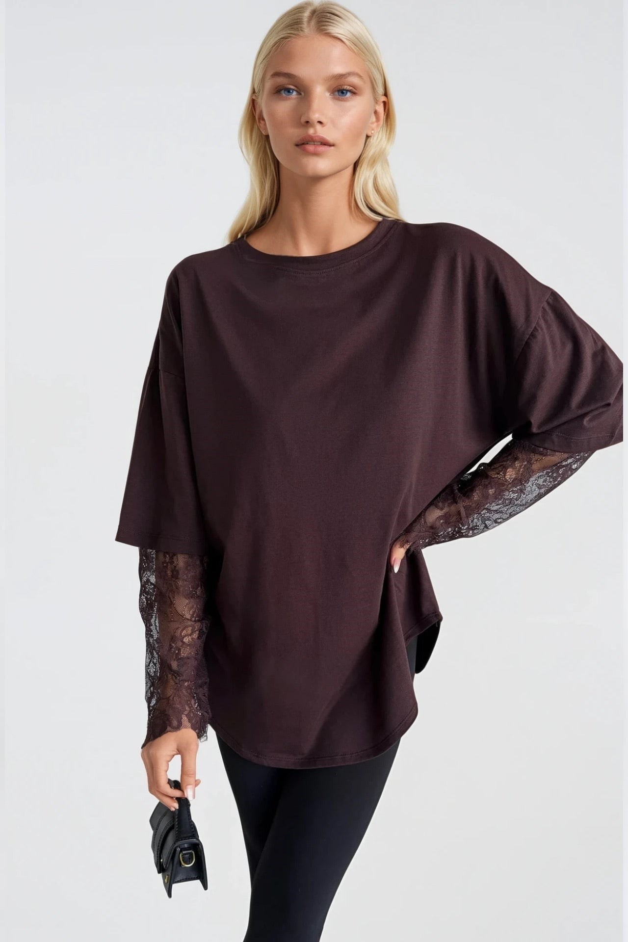 Bisiklet Yaka Kol Dantel Detay Kahverengi Oversize T-Shirt