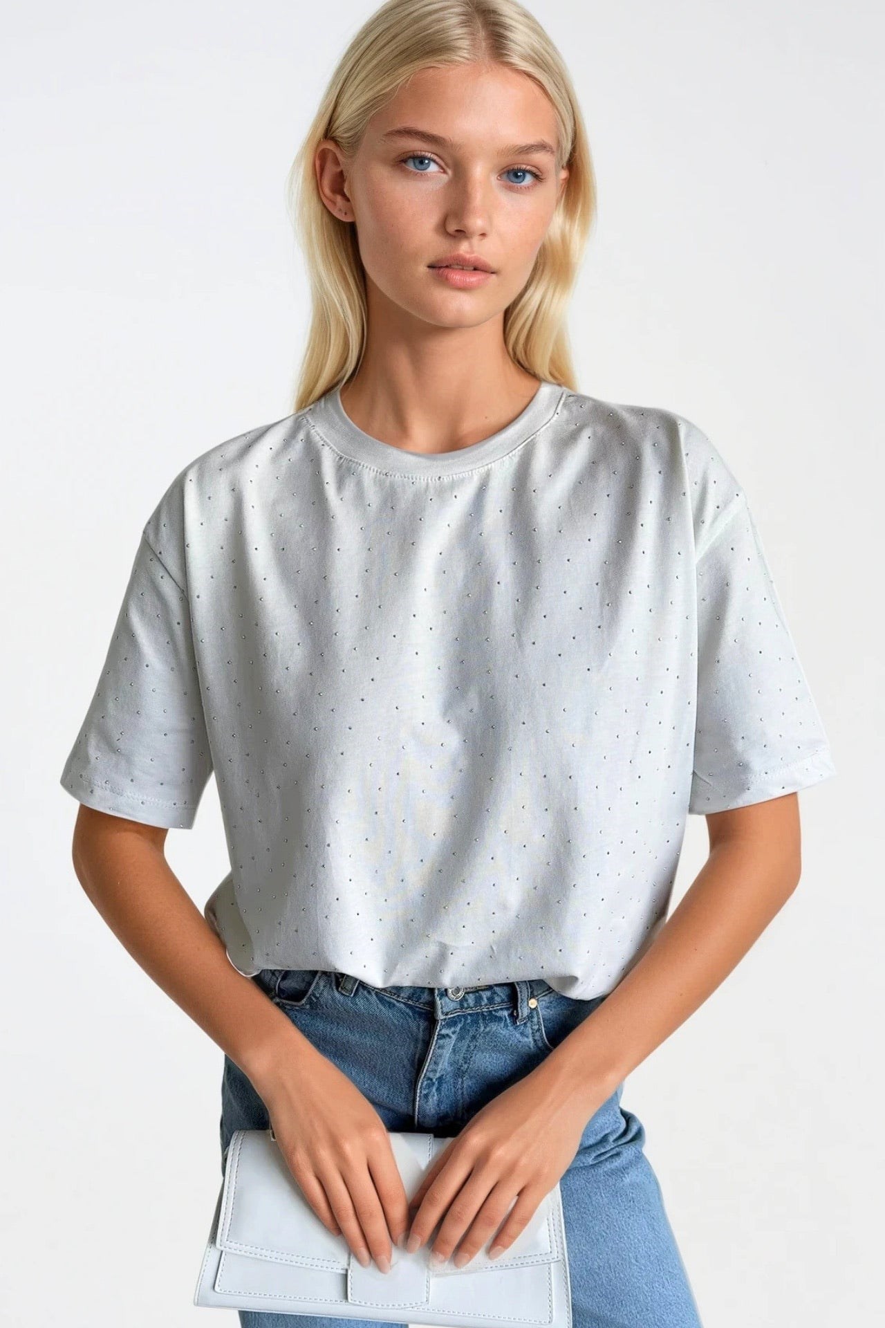 Bisiklet Yaka Taş Detay Beyaz T-Shirt