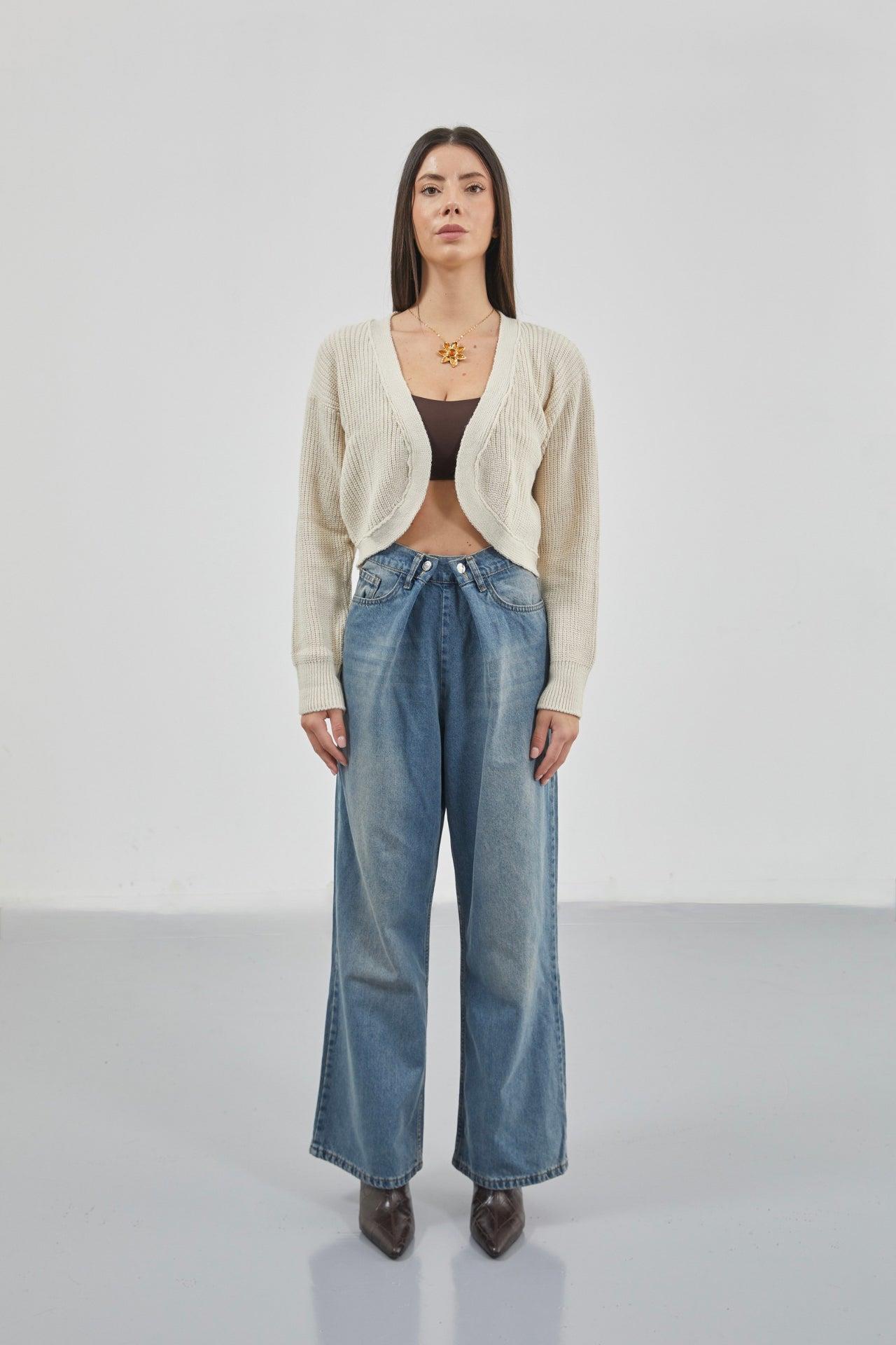 Biyeli Crop Bej Triko Hırka