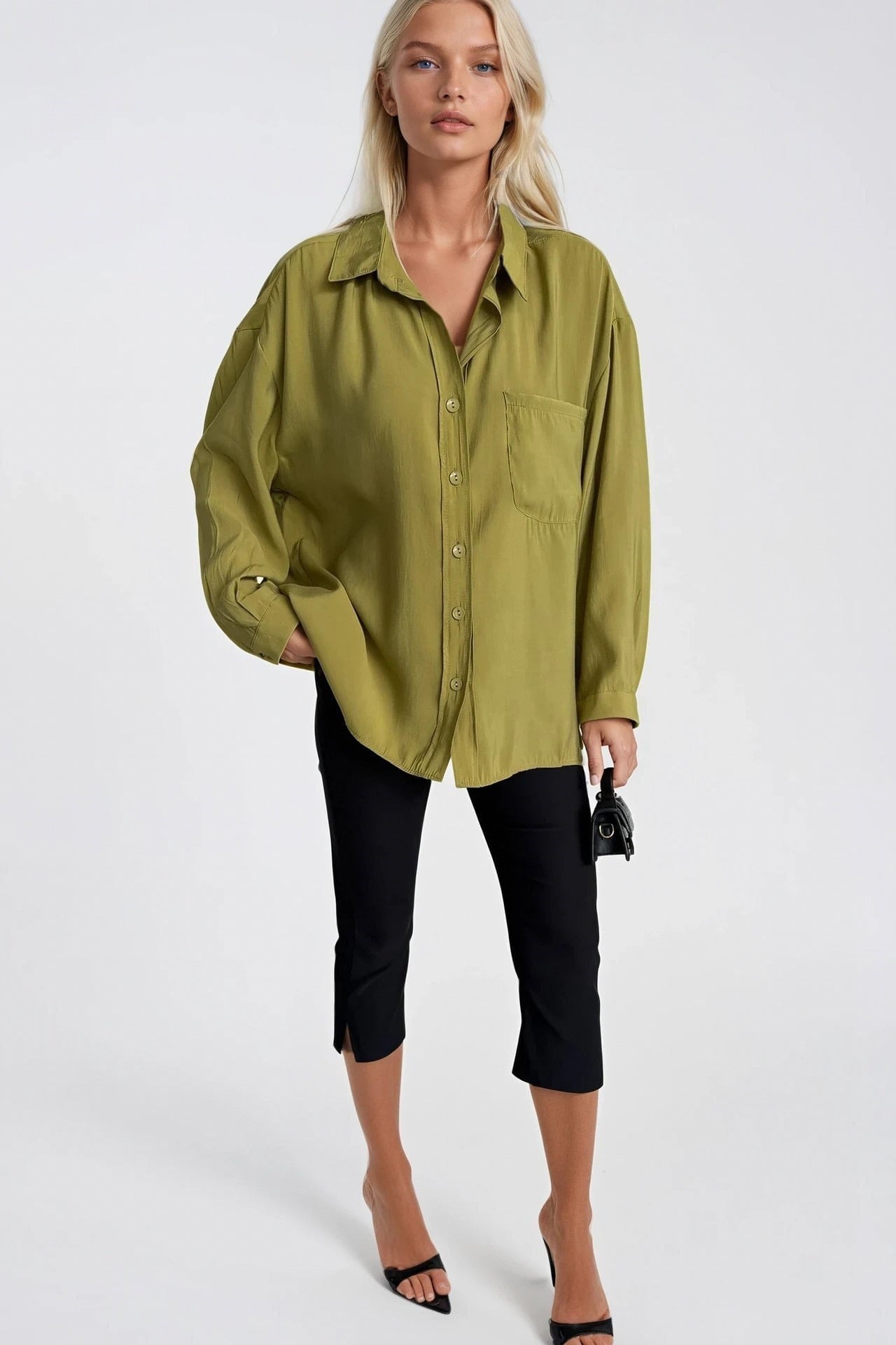 Cep Detay Basic Oversize Yeşil Gömlek