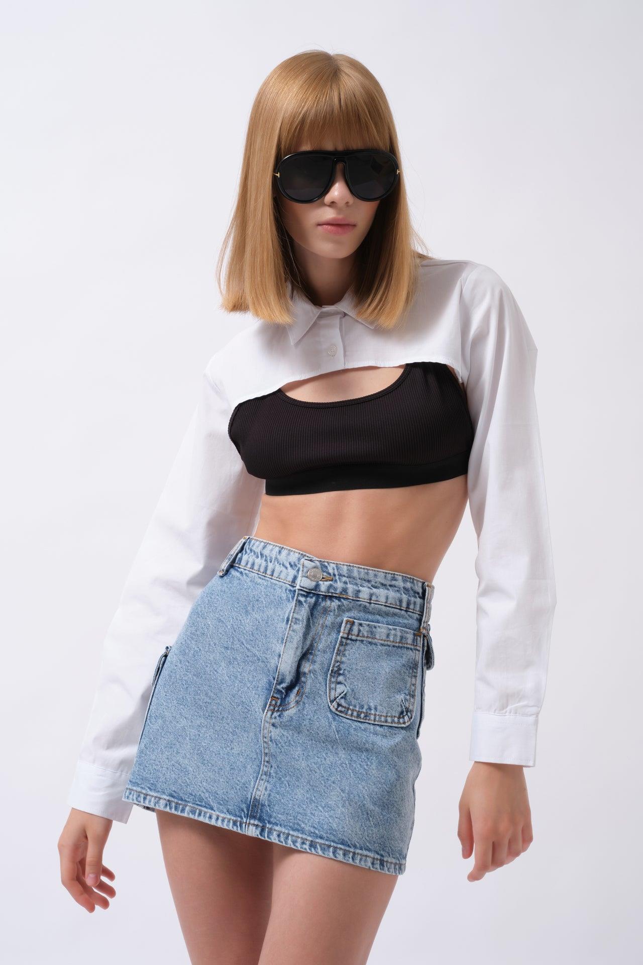 Cep Detay Denim Mini Mavi Etek