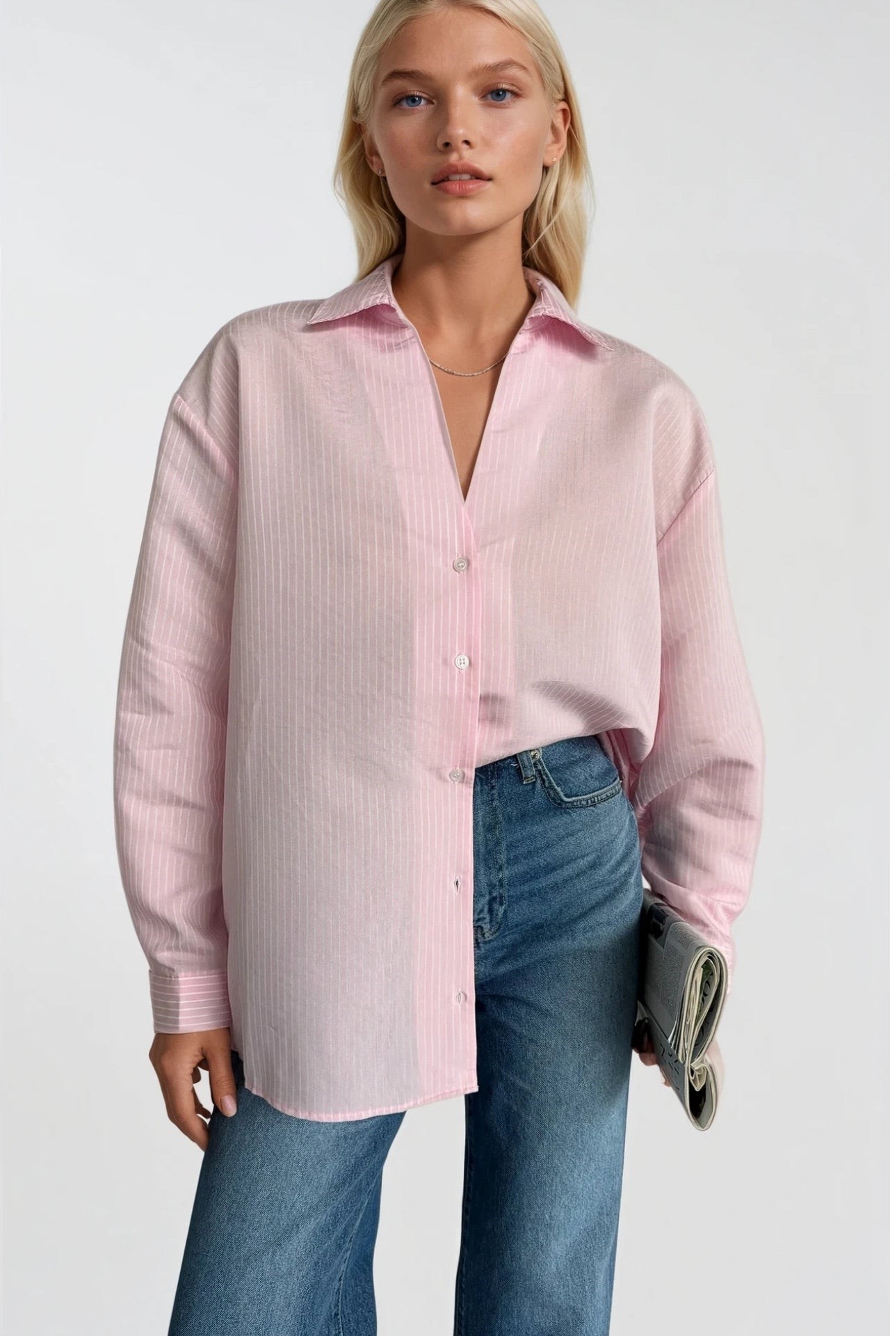 Çizgili Pembe Oversize Gömlek